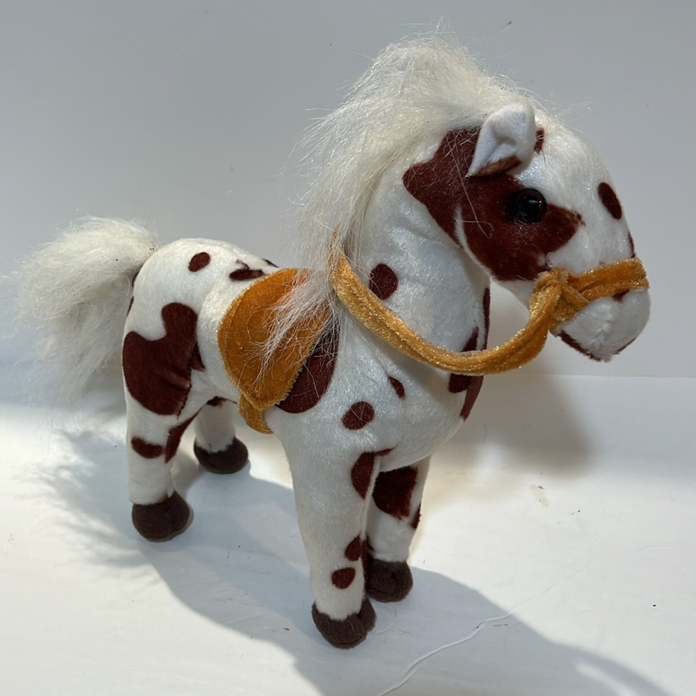 Plush Horse Toy with Saddle - White and Brown 10.5” high. Fun and Fun